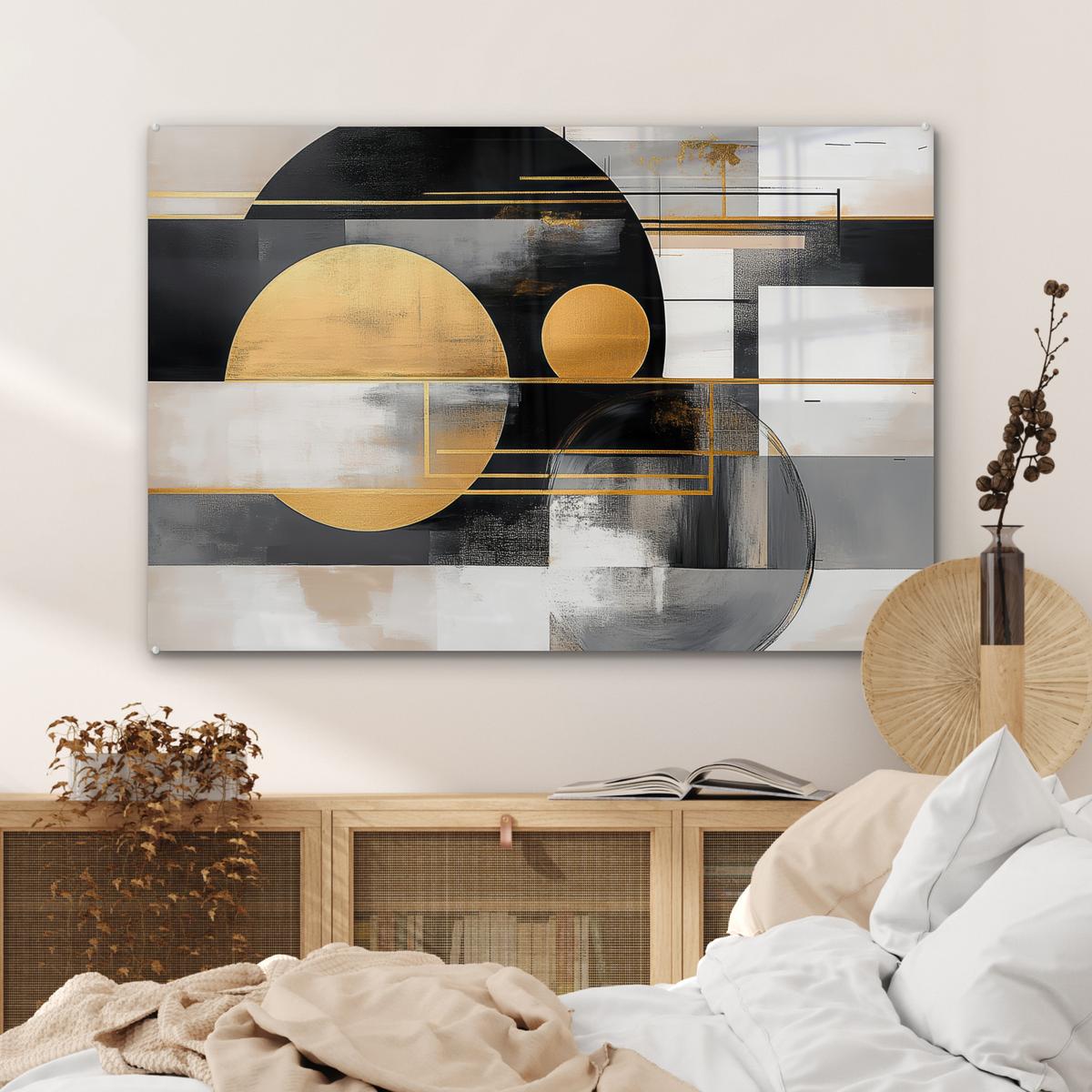 ACRYLGLASBILD Abstrakt - Gold - Silber - Formen - Ästhetisch - Modern Room Decor 90x60 cm - Goldfarben, Glas (90/60cm) - MuchoWow
