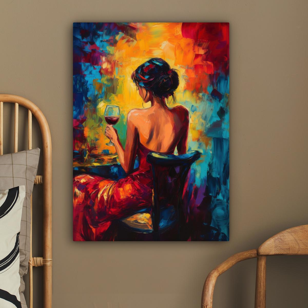 LEINWANDBILD Wein - Frau - Stimmungsvoll - Farbenfroh Wandbild Wohnzimmer 60x80 cm - Bordeaux, Textil (60/80cm) - MuchoWow