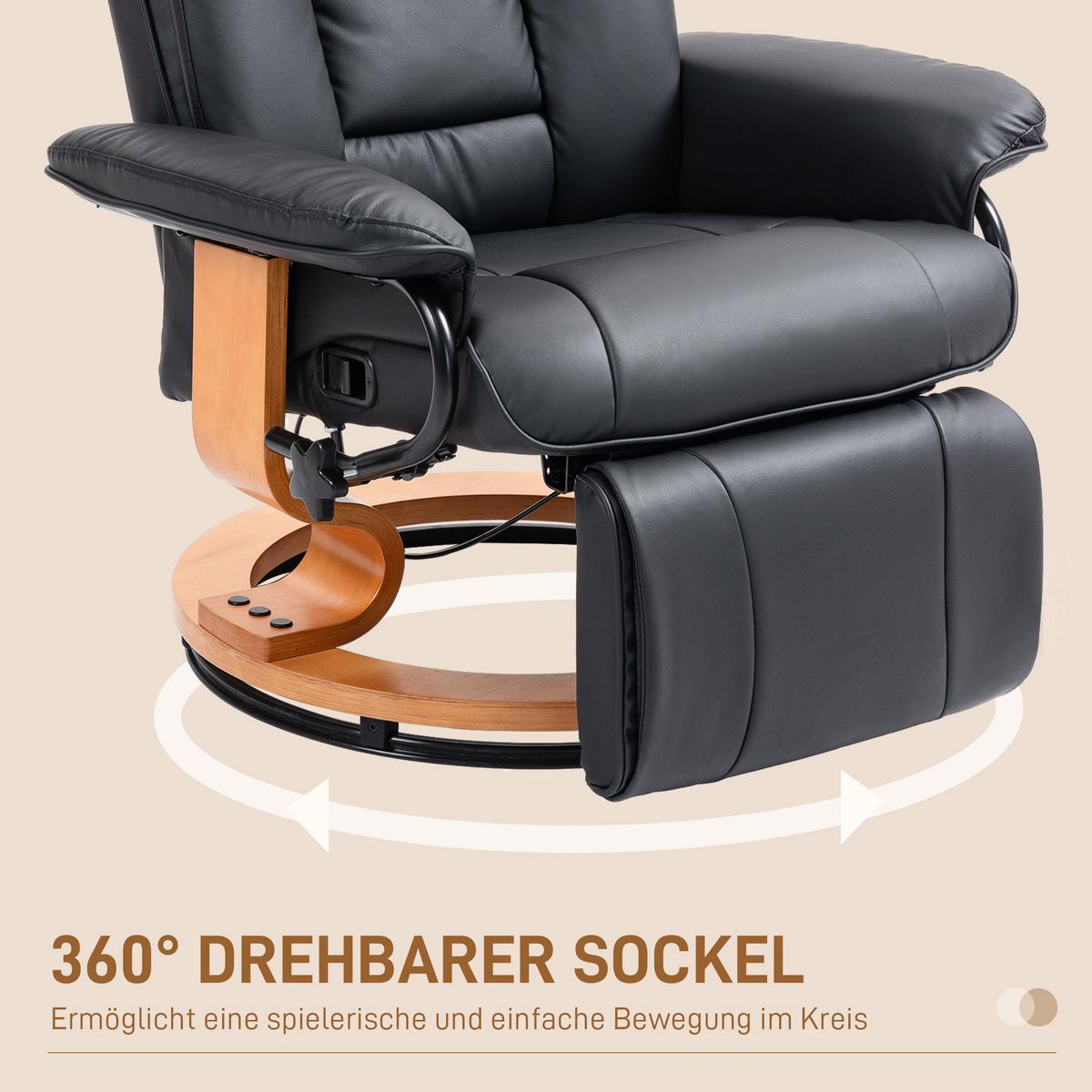 RELAXSESSEL Drehbar Fernsehsessel mit Liegefunktion, Fußstütze, Schwarz - Schwarz, Leder/Holzwerkstoff (88/103/78cm) - HOMCOM