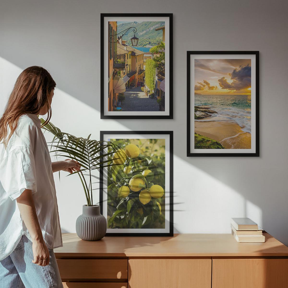 BILDER SET 3er Set - 40x60 cm Schwarzer Rahmen - Straßen, Meer, Strand, Zitrusbäume - Schwarz, Kunststoff (40/60cm) - TULUP