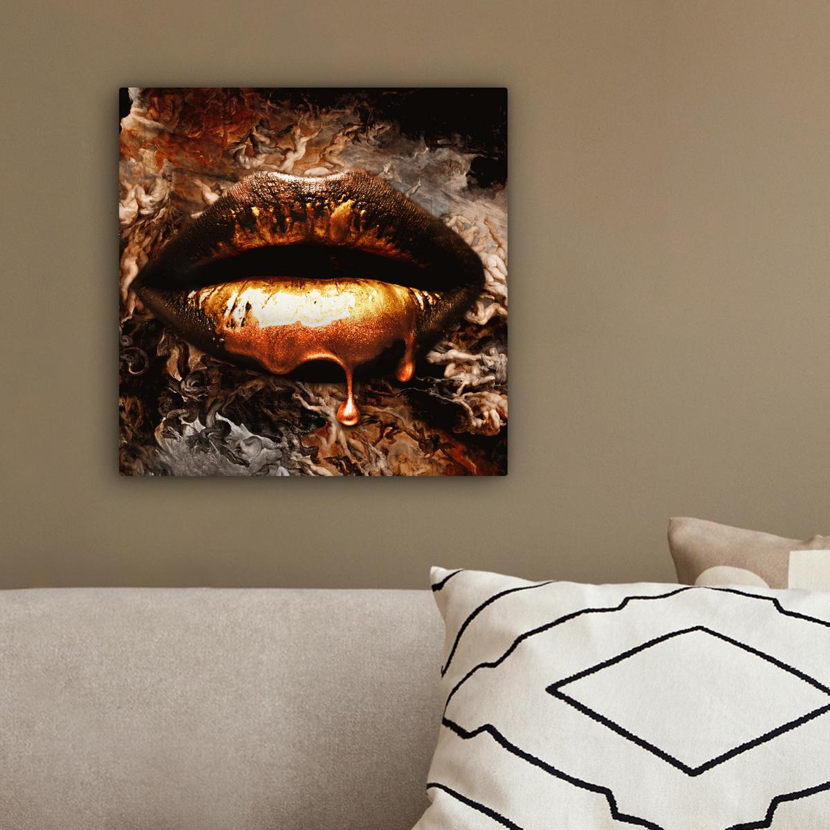 LEINWANDBILD Gold - Lippen - Kunst - Gold - Luxus - Abstrakt Deko Wohnzimmer 20x20 cm - Kupferfarben, Textil (20/20cm) - MuchoWow