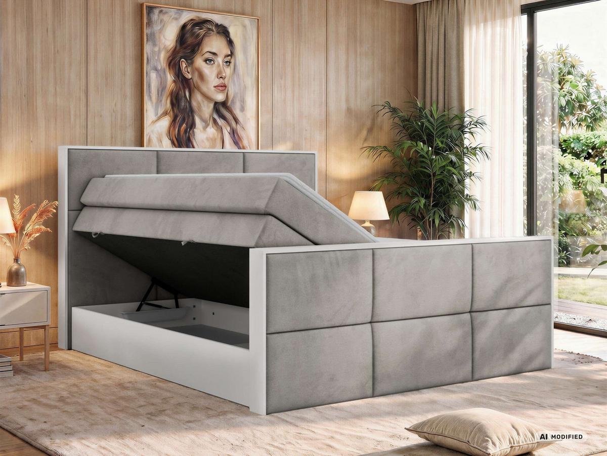 BOXSPRINGBETT DELVIT KING DUO 140/200 - Hellgrau Velvet - Topper Visco - H3 - Hellgrau/Schwarz, Kunststoff/Textil (140/200cm) - MKS