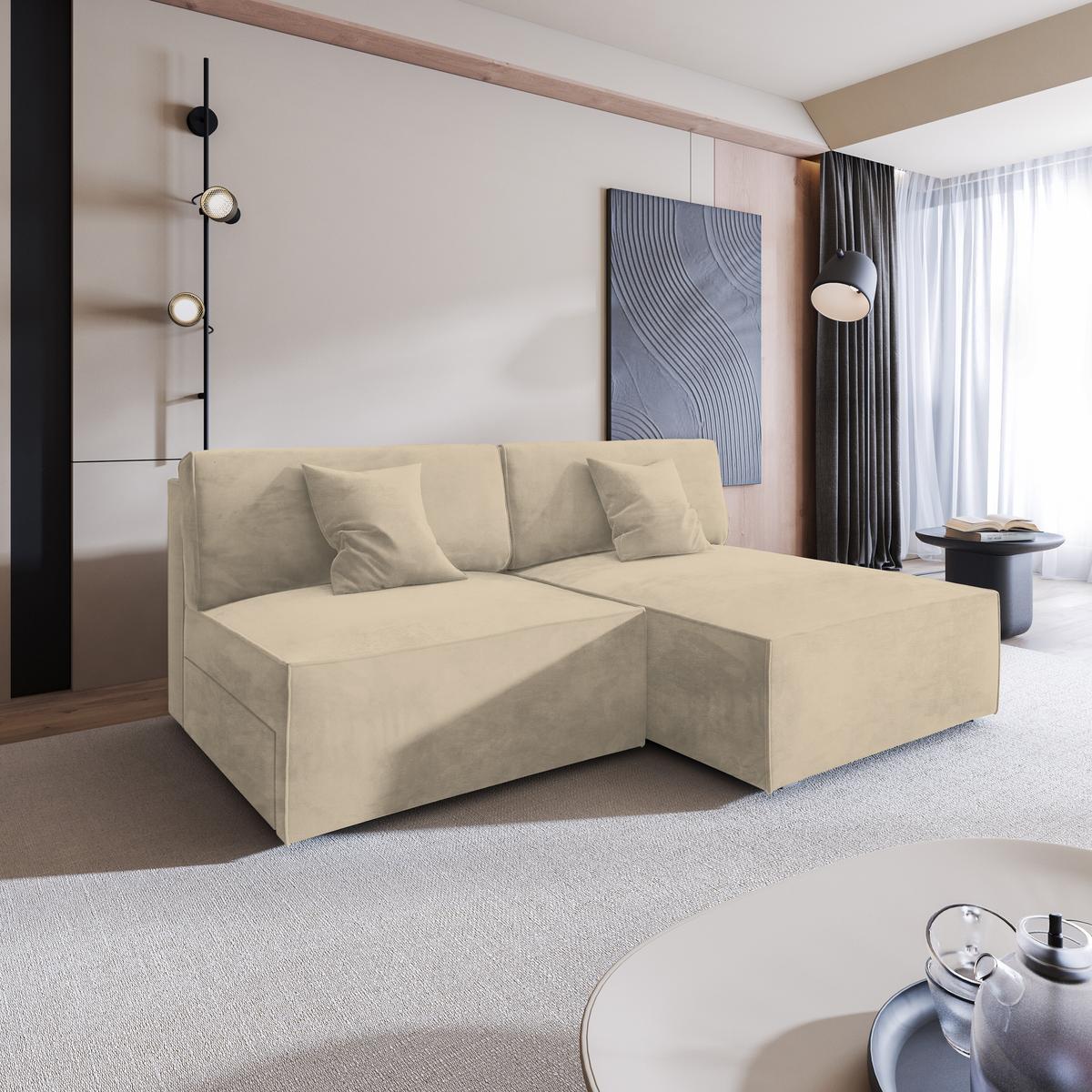 ECKSOFA FIORO M Creme Velours-Stoff mit Schlaffunktion - Creme/Grau, Holz/Kunststoff (204/148cm) - MASSENO