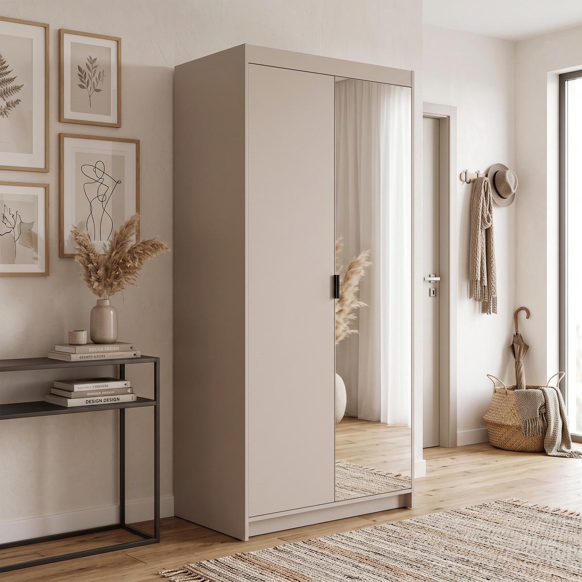 DREHTÜRENSCHRANK Elena mit 2 Türen und Spiegel, 90 cm, Sandbeige - Sandfarben, Holzwerkstoff (90/190/53cm) - Beautysofa