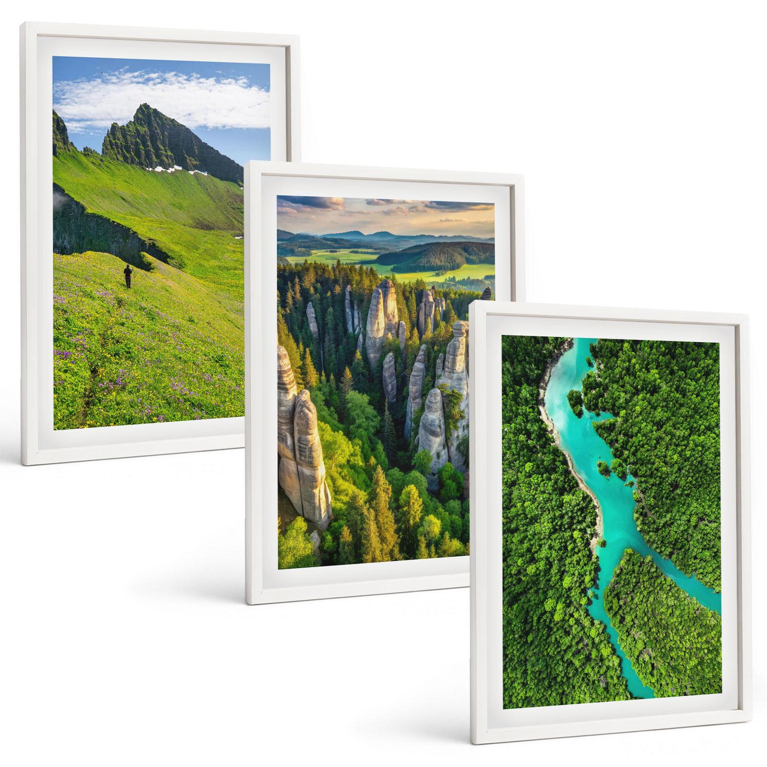 BILDER SET 3er Set - 40x60 cm Weißer Rahmen - Grüne Berge, Flussfelsen - Weiß, Kunststoff (40/60cm) - TULUP