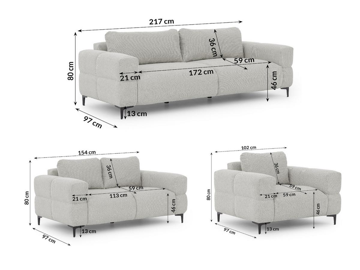 SITZGARNITUR 3+2+1 Cardea in Bubble-Optik aus weichem Hellgrau Strukturstoff mit hohem Sitzkomfort - Hellgrau/Schwarz, Holz/Textil (217/80/97cm) - S-Style Möbel