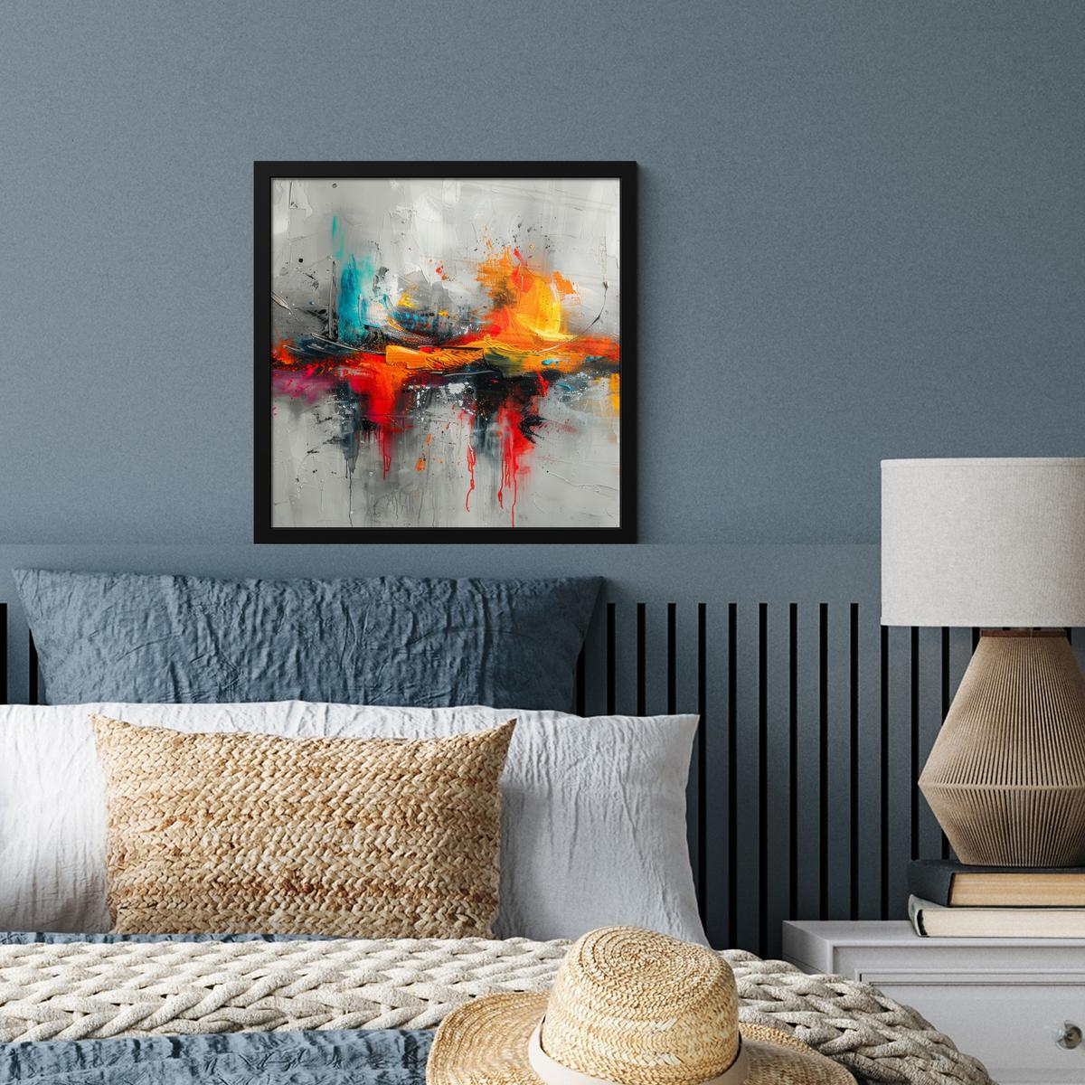 POSTER MIT RAHMENGERAHMTES BILD Moderne Kunst - Orange - Grau - Abstrakt 40x40 cm - Hellgrau, Papier (40/40cm) - MuchoWow