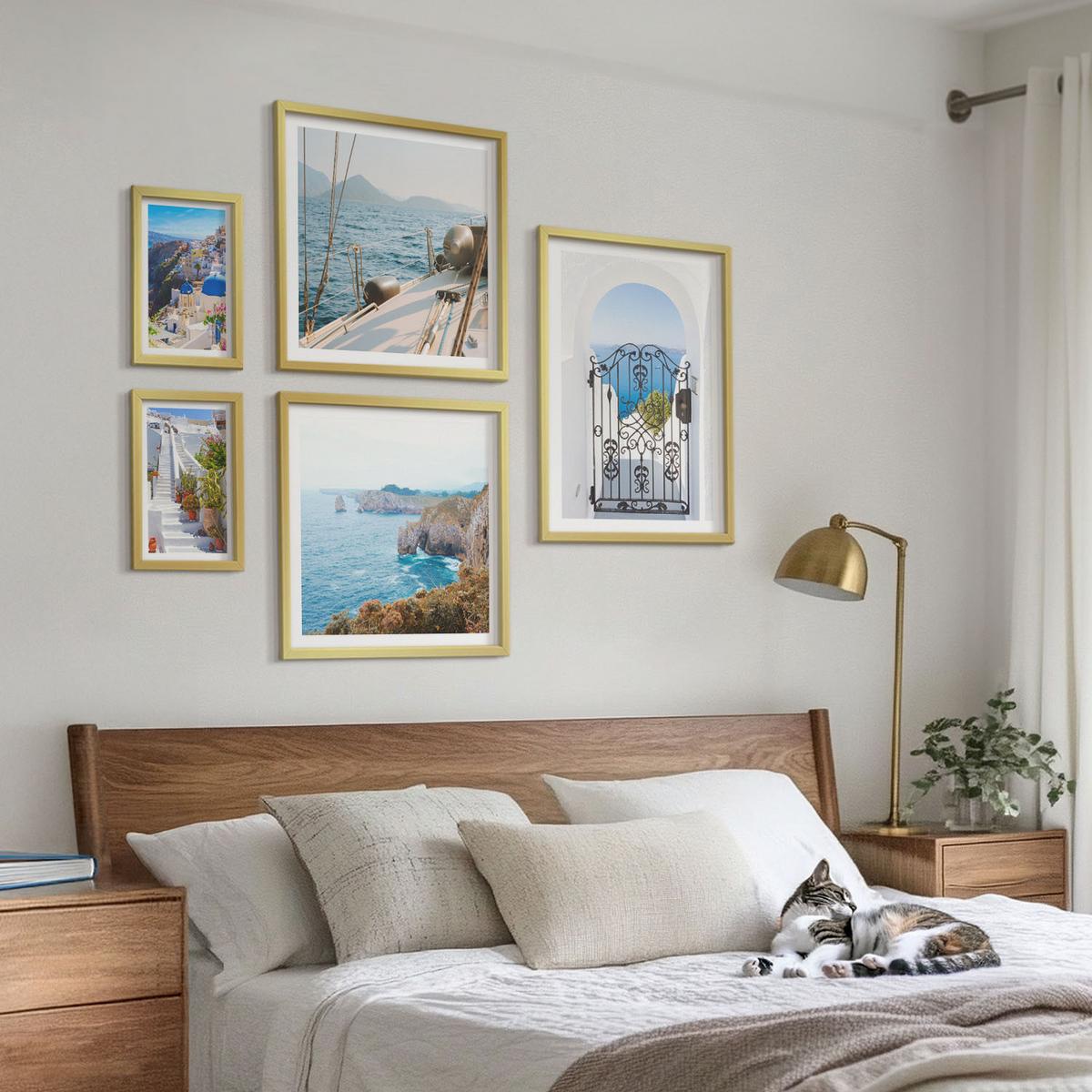 BILDER SET 5er Set - 50x50 cm & 20x30 cm & 40x60 cm Goldrahmen - Griechische Architektur auf Santorin, Oia - Goldfarben, Kunststoff (40/60cm) - TULUP