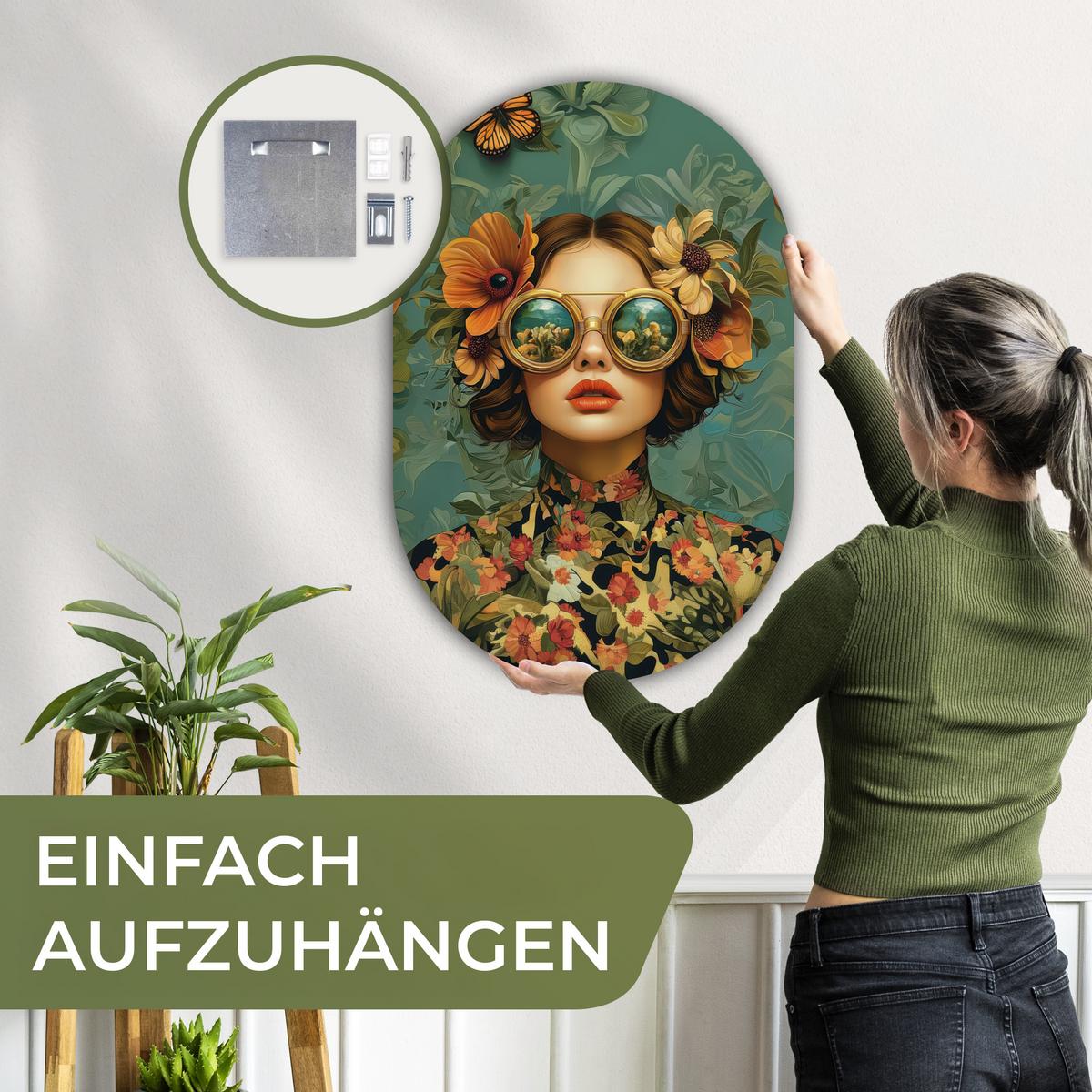 WANDBILD Frau - Blumen - Schmetterlinge - Natur - Vintage Wanddeko Schlafzimmer 60x90 cm - Petrol, Kunststoff (60/90cm) - MuchoWow