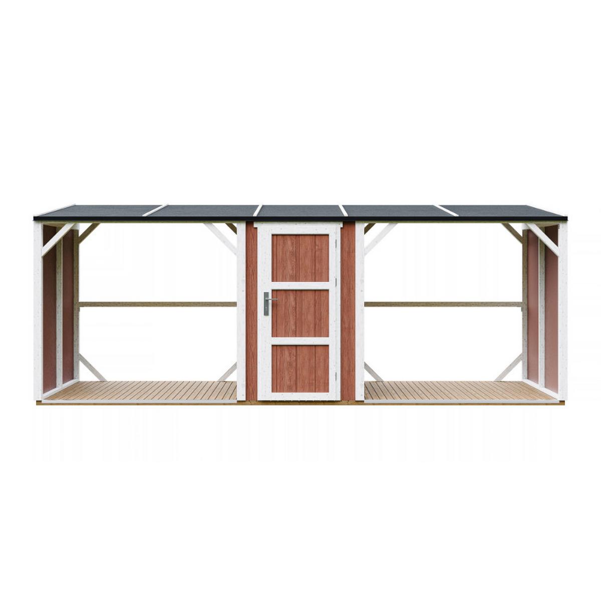 BRENNHOLZLAGER doppelt mit Geräteraum 6,49 m², zwei Brennholzbereiche mit insgesamt ~8,8 m³ Fassungsvermögen - Rot, Holz (118/220/550cm) - Timbela