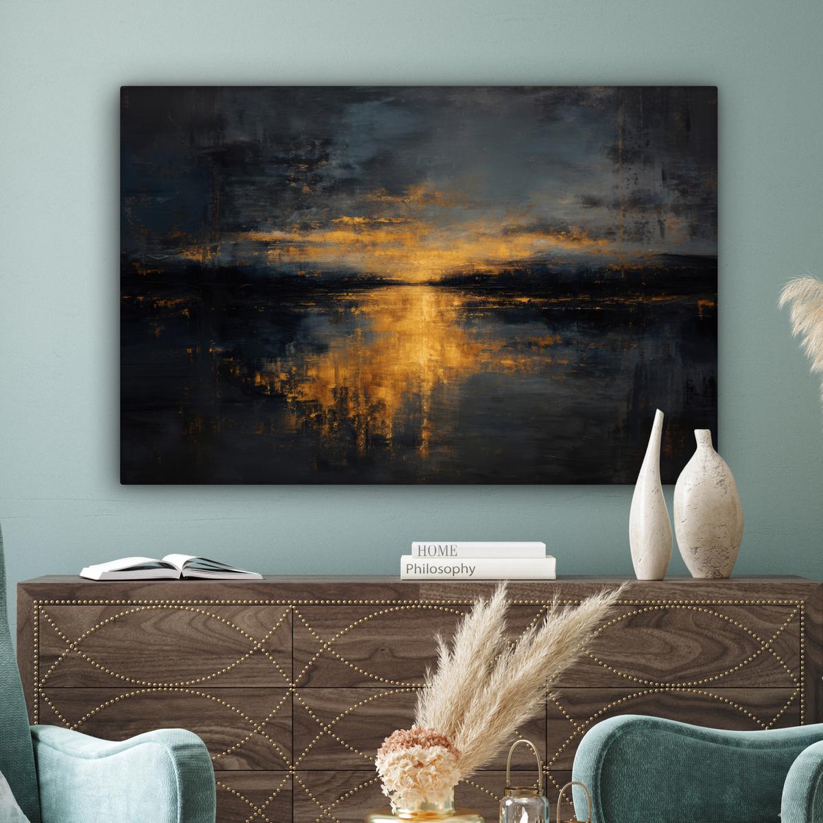 LEINWANDBILD Goldene Reflexion auf dem Wasser Wohnzimmer Groß 120x80 cm - Anthrazit, Textil (120/80cm) - MuchoWow