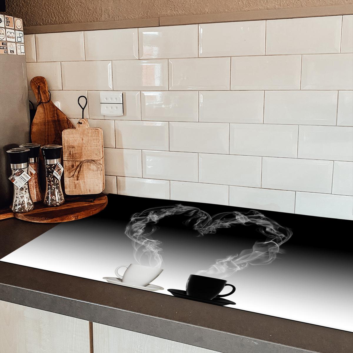 HERDABDECKPLATTE Kaffee - Herz - Schwarz und weiß - Tassen Ceranfeldabdeckung 90x52 cm - Weiß, Kunststoff (90/52/0.2cm) - MuchoWow