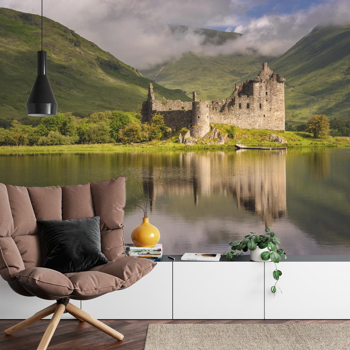 FOTOTAPETE Burgruine Kilchurn See Landschaft 3D 400x280 - Beige/Braun, Papier (400/280cm) - Muralo