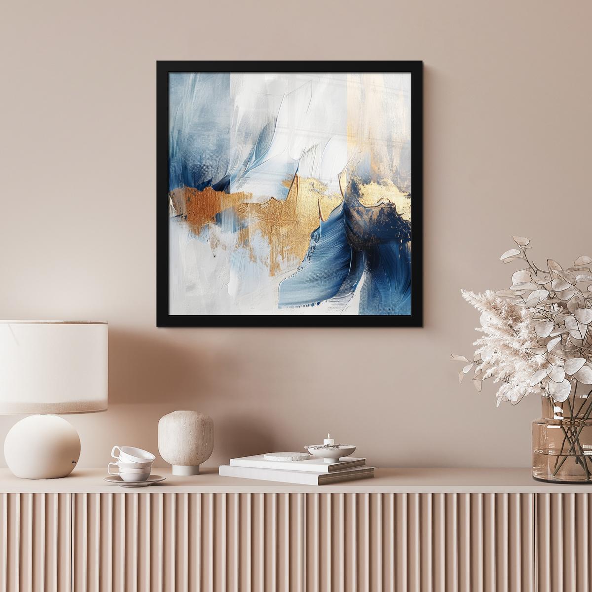 POSTER MIT RAHMENGERAHMTES BILD Gold - Blau - Aquarell - Kunst - Modern 40x40 cm - Hellblau, Papier (40/40cm) - MuchoWow