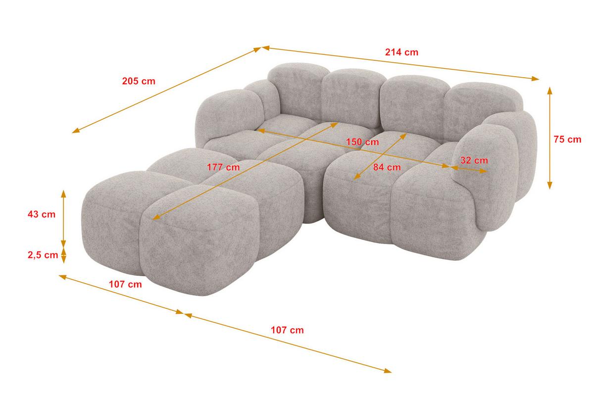 ECKSOFA modulares Sofa Links Miko-L1 214x205x75 Hellgrau Velours - Hellgrau/Schwarz, Holzwerkstoff/Kunststoff (214/205cm) - ALTDECOR