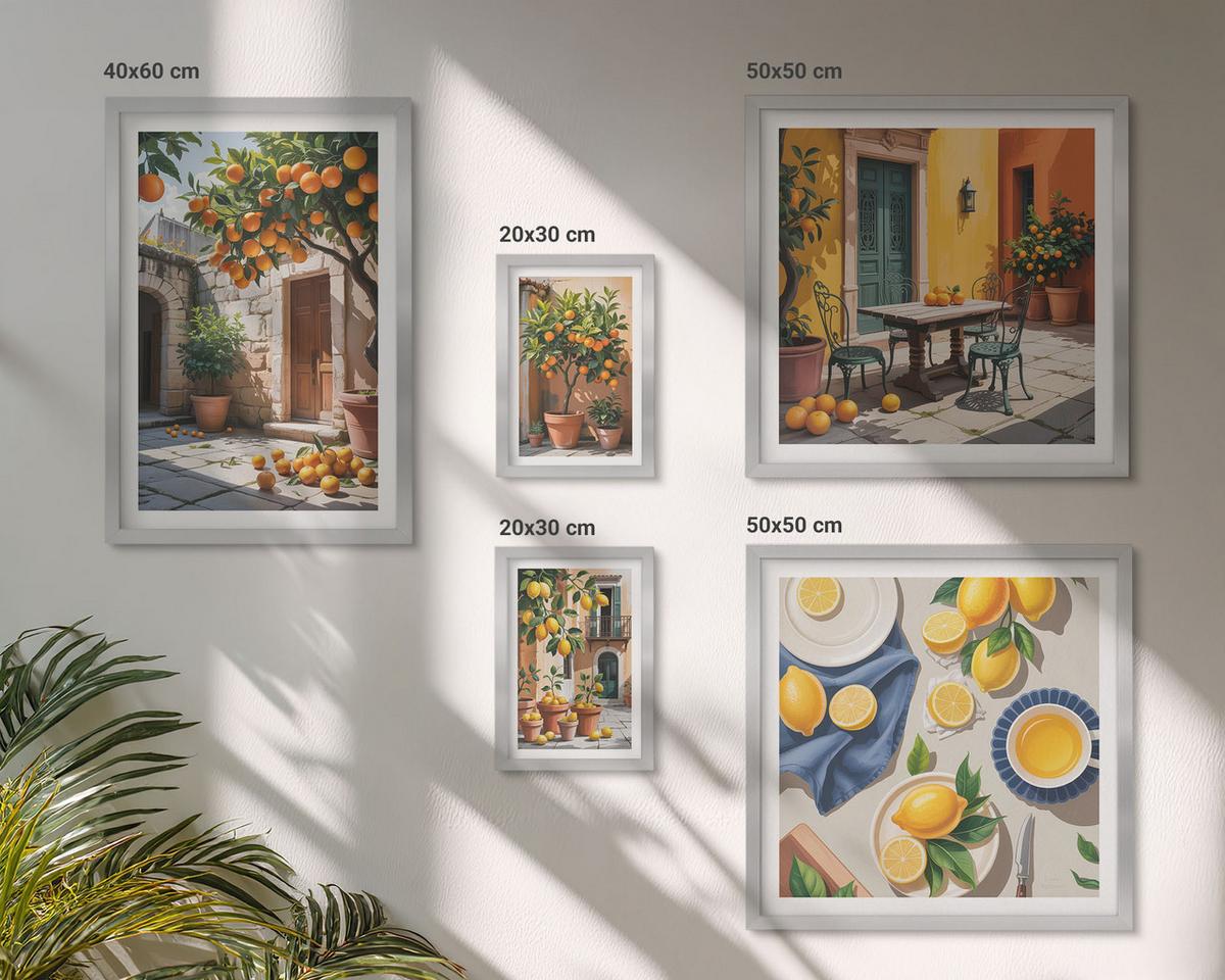 BILDER SET 5er Set - 50x50 cm & 20x30 cm & 40x60 cm Silberner Rahmen - Zitrusgarten in der Sonne - Silberfarben, Kunststoff (40/60cm) - TULUP