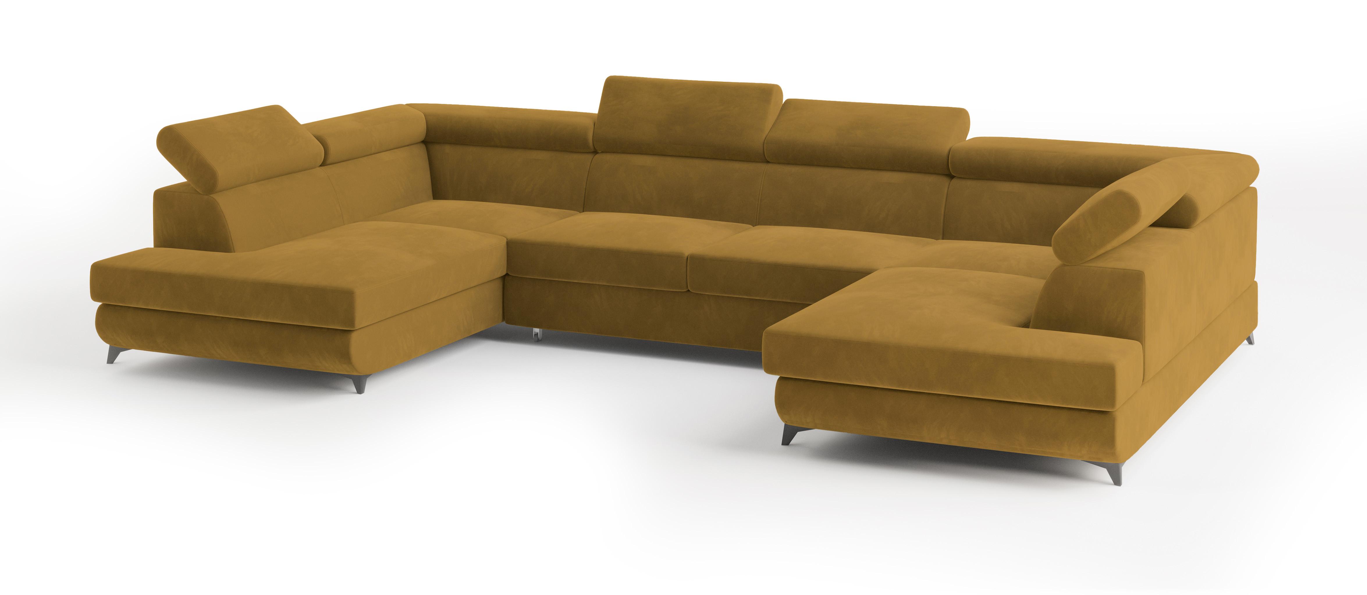 WOHNLANDSCHAFT VINTESSA Gelb Velours-Stoff mit Schlaffunktion - Gelb, Holz (323/89/190cm) - MASSENO