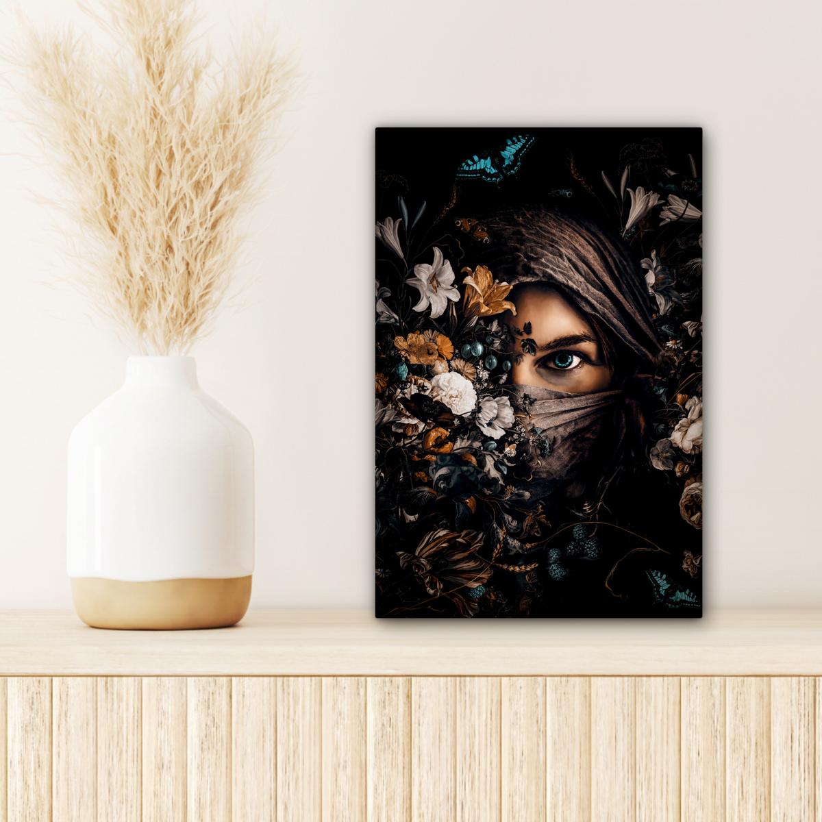 LEINWANDBILD Frau - Luxus - Blumen - Schmetterling - Porträt Deko Wohnzimmer 20x30 cm - Schwarz, Textil (20/30cm) - MuchoWow
