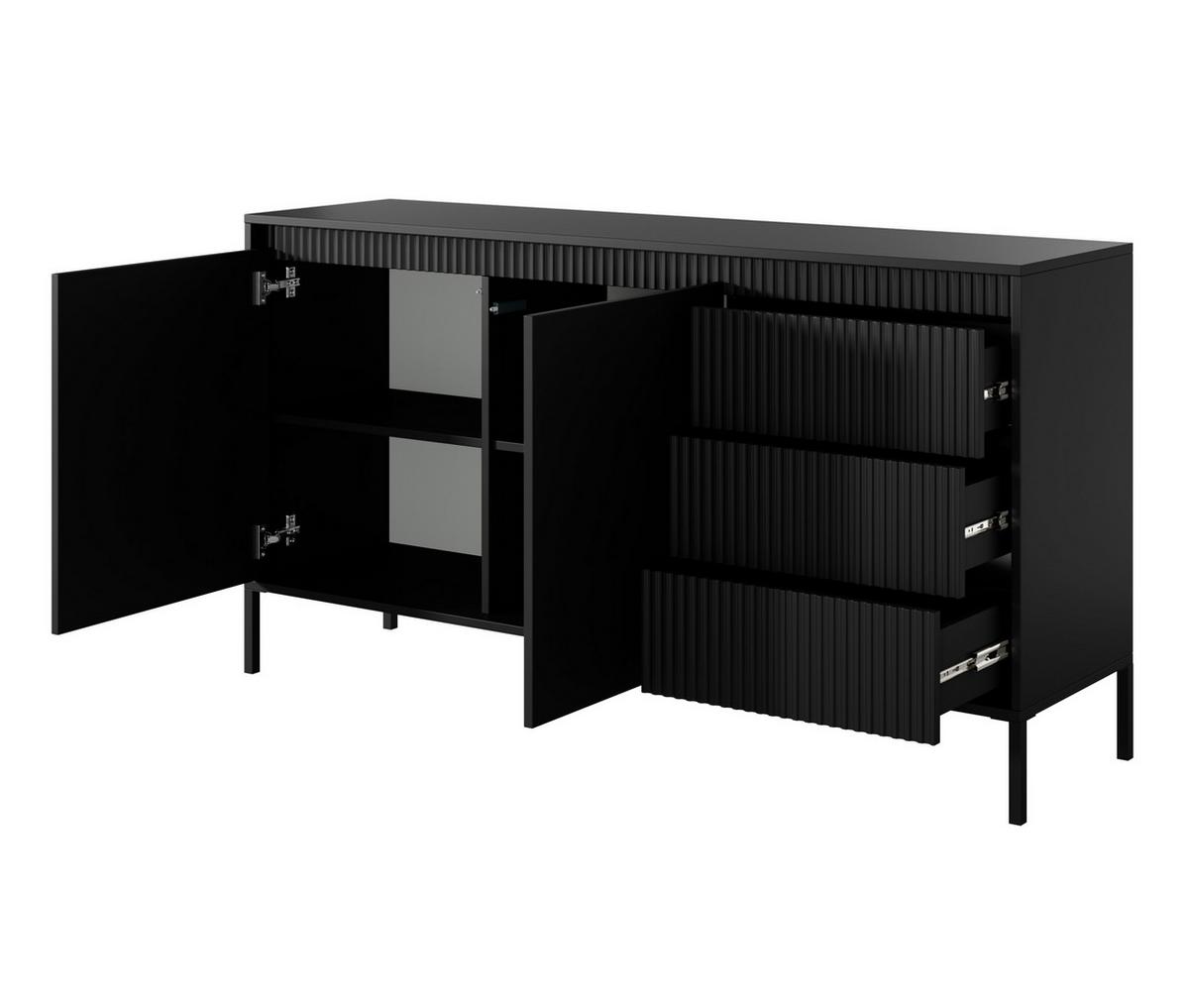 SIDEBOARD Trentinis 2T 3S Schwarz 153,5/81,4/39,5 cm – Geriffelten Fronten - Schwarz, Holzwerkstoff/Metall (153.5/81.4/39.5cm) - AX Living