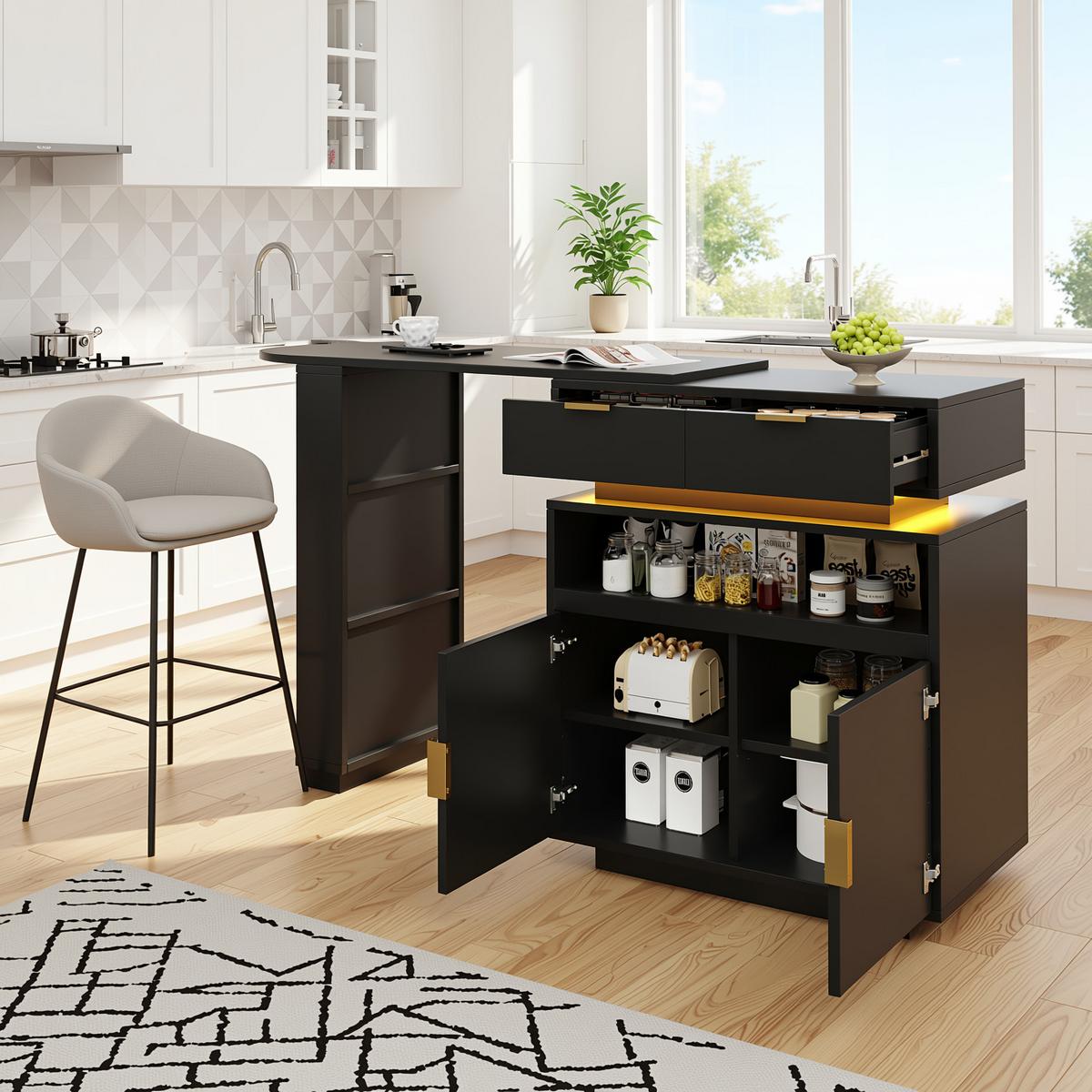 BARTISCH mit küchenbuffet in schwarz, 360° drehbar & led-beleuchtung - Schwarz, Holzwerkstoff (40/183/90cm) - Urban Meuble