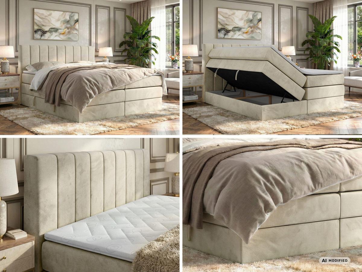 BOXSPRINGBETT ALVER KING 180/200 - Beige Velvet - Topper T25 - H4 - Beige/Schwarz, Kunststoff/Textil (180/200cm) - MKS
