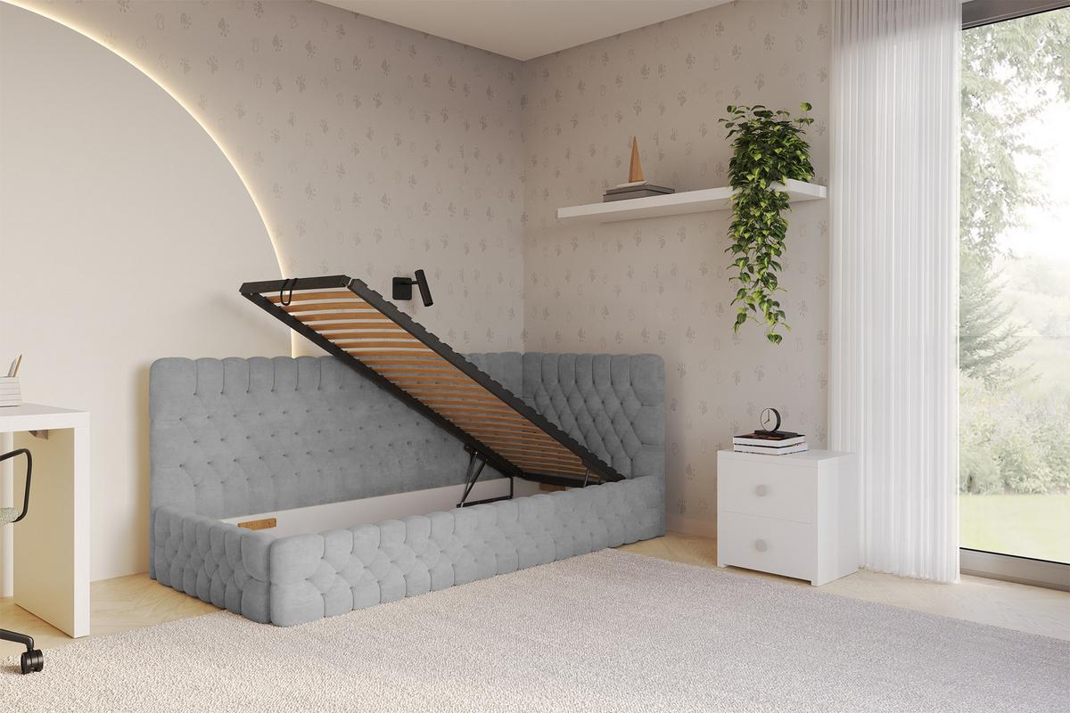 EINZELLBETT Jugendbett mit Bettkasten und Matratze H3/H4, Links - MULY 100x200 Grau - Hellgrau, Holzwerkstoff/Textil (100/200cm) - ALTDECOR