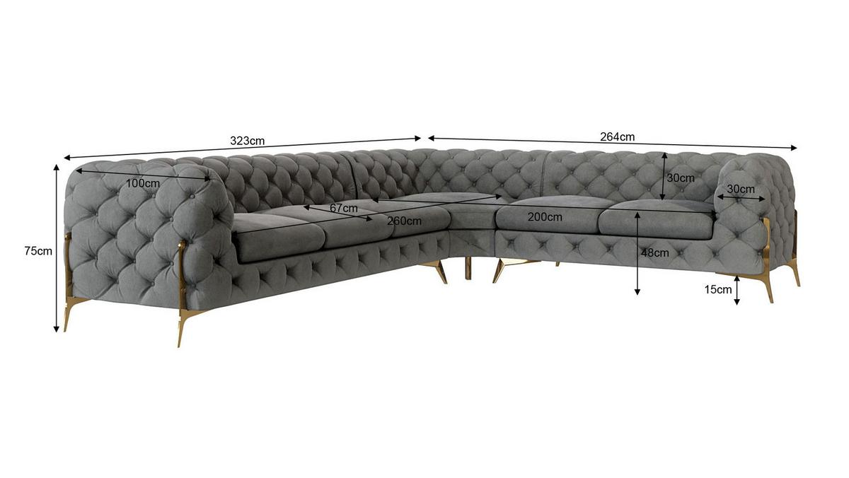 ECKSOFA Chesterfield Lexi Grau Samt, langer Schenkel links - Goldfarben/Grau, Holz/Textil (323/264cm) - S-Style