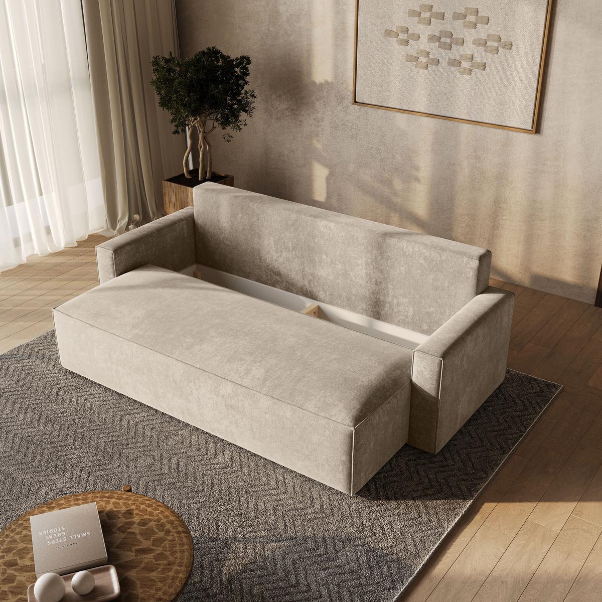BETTSOFA MENI LM Creme Chenille-Stoff mit Schlaffunktion - Creme, Textil (232/85/87cm) - MASSENO