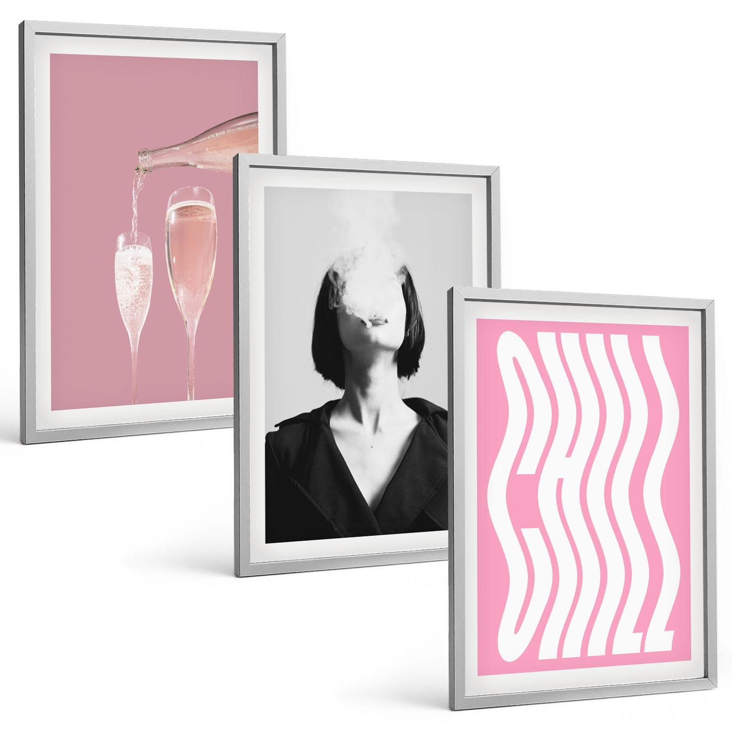 BILDER SET 3er Set - 40x60 cm Silberner Rahmen - Stilvolles Porträt, Champagner-Entspannung - Silberfarben, Kunststoff (40/60cm) - TULUP