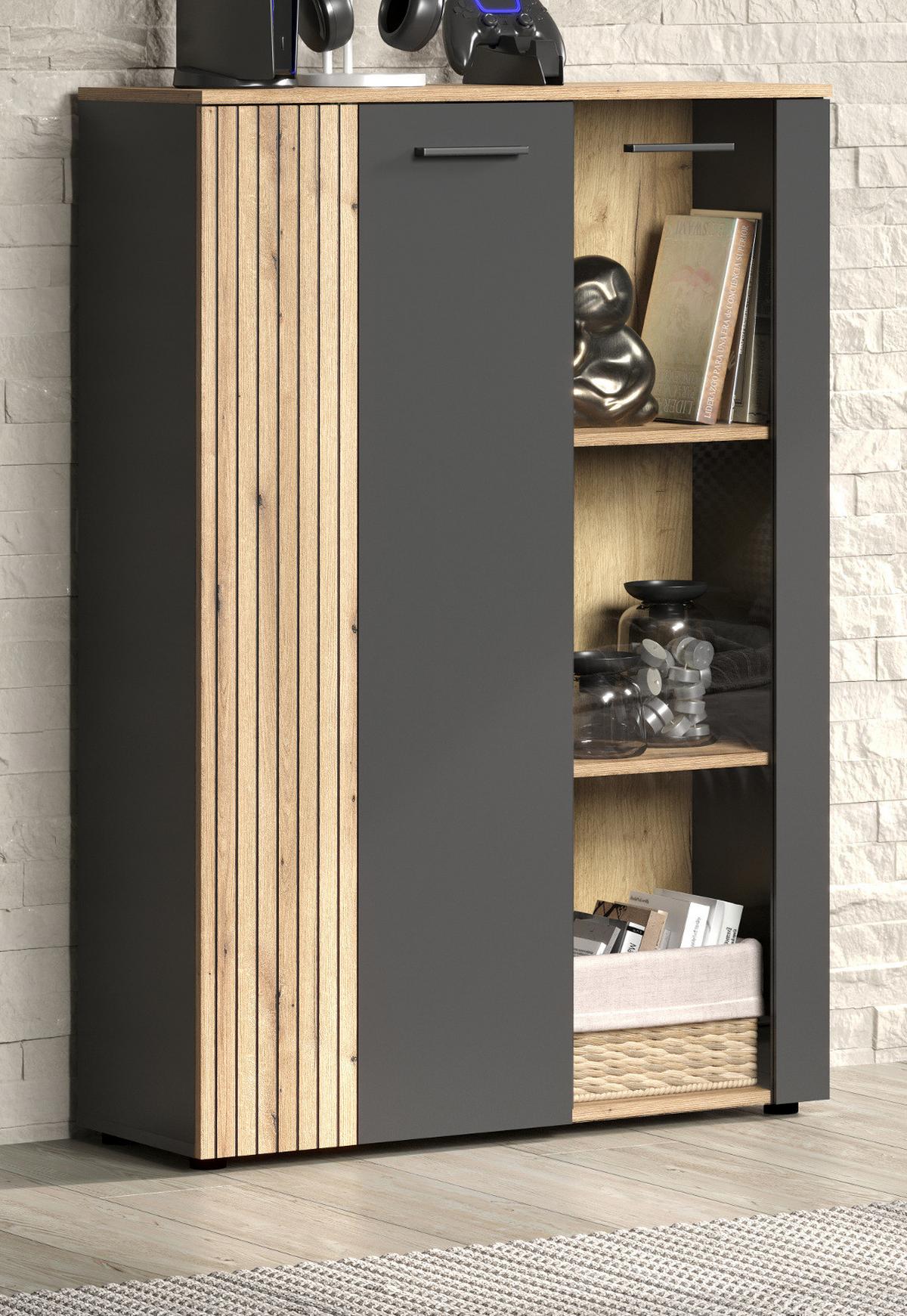 HIGHBOARD grau, Evoke Eiche 90 x 132 cm, Kommode in modernem Design - Eichefarben/Schwarz, Glas/Holzwerkstoff (90/132/34cm) - Top.Furn