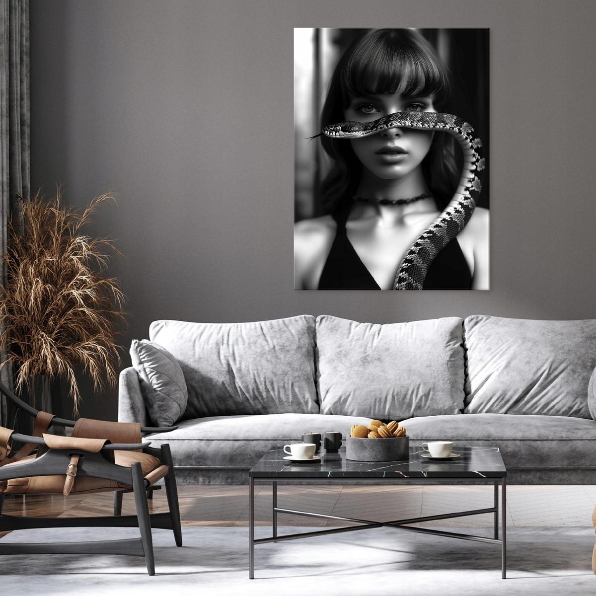 BILDER auf Leinwand Frau Schlange Schwarz und Weiß 120x80 - Multicolor, Holzwerkstoff (80/120cm) - Wallarena