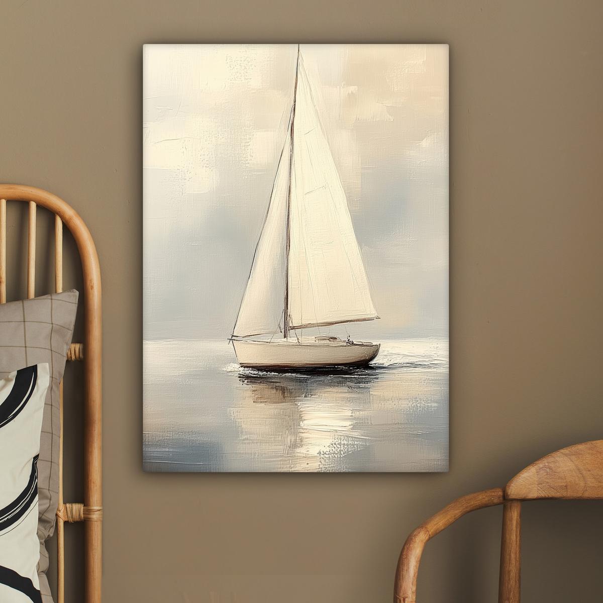 LEINWANDBILD Segelschiff - Meer - Bewölkt Wandbild Wohnzimmer 60x80 cm - Creme, Textil (60/80cm) - MuchoWow