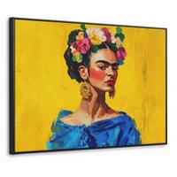 LEINWAND Bilder mit Rahmen - Frida Kahlo - Frau - Gelb - Blau - Blumen - 80x60 - Gelb, Textil (80/60cm) - MuchoWow