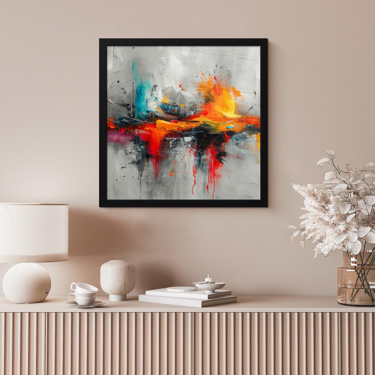 POSTER MIT RAHMENGERAHMTES BILD Moderne Kunst - Orange - Grau - Abstrakt 40x40 cm - Hellgrau, Papier (40/40cm) - MuchoWow