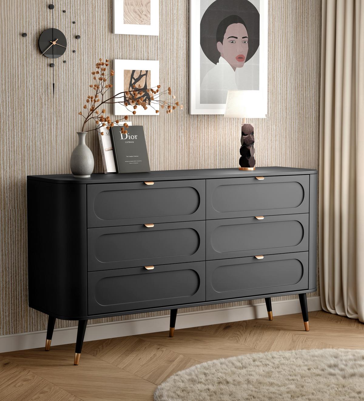 KOMMODE NOIR 138 cm, 6 Schublade(n) Schwarz - Goldfarben/Schwarz, Holzwerkstoff/Metall (138/79.7/40cm) - Idohome