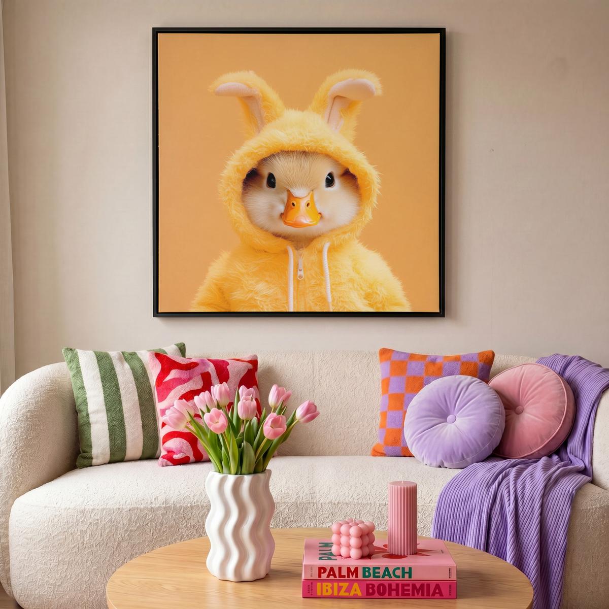 LEINWAND Bilder mit Rahmen - Osterhase - Kostüm - Ente - 90x90 - Gelb, Textil (90/90cm) - MuchoWow