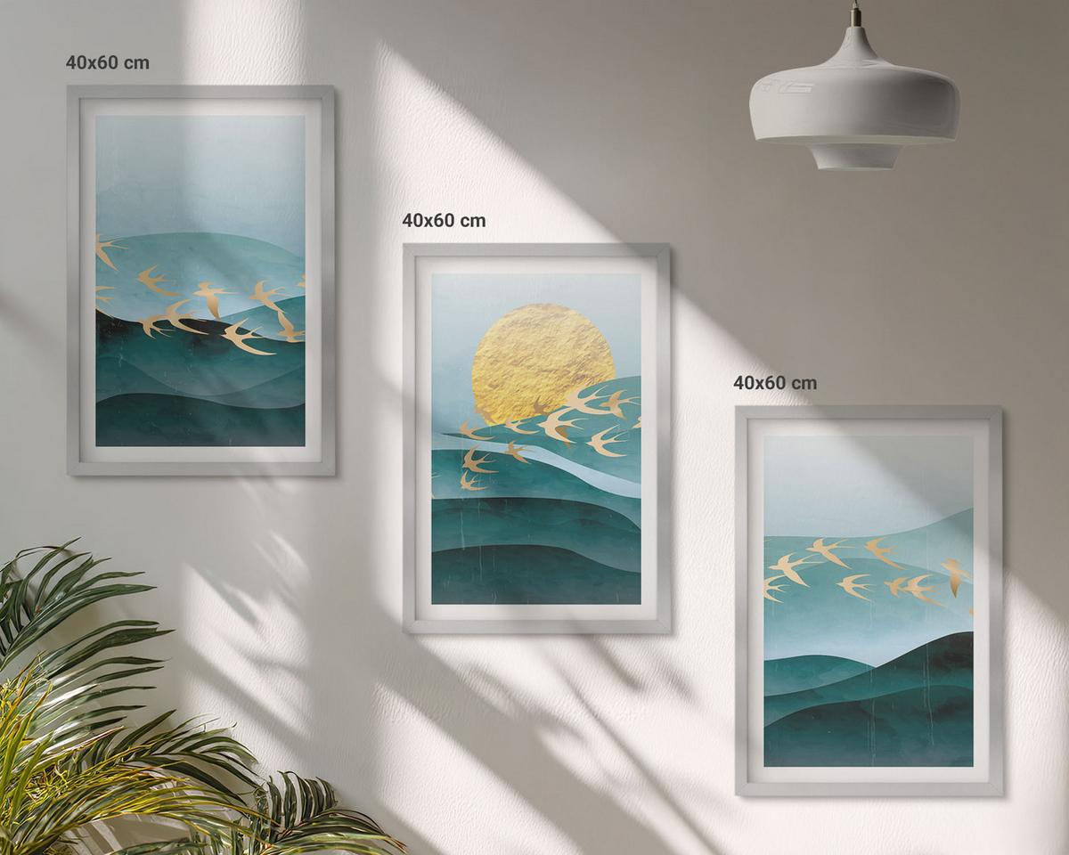 BILDER SET 3er Set - 40x60 cm Silberner Rahmen - Abstrakte Sonnenuntergangslandschaften - Silberfarben, Kunststoff (40/60cm) - TULUP