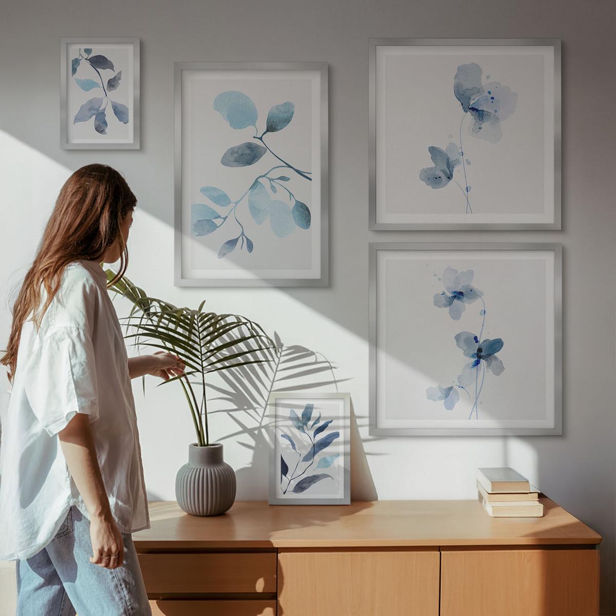 BILDER SET 5er Set - 50x50 cm & 20x30 cm & 40x60 cm Silberner Rahmen - Aquarell von blauen Blättern - Silberfarben, Kunststoff (40/60cm) - TULUP