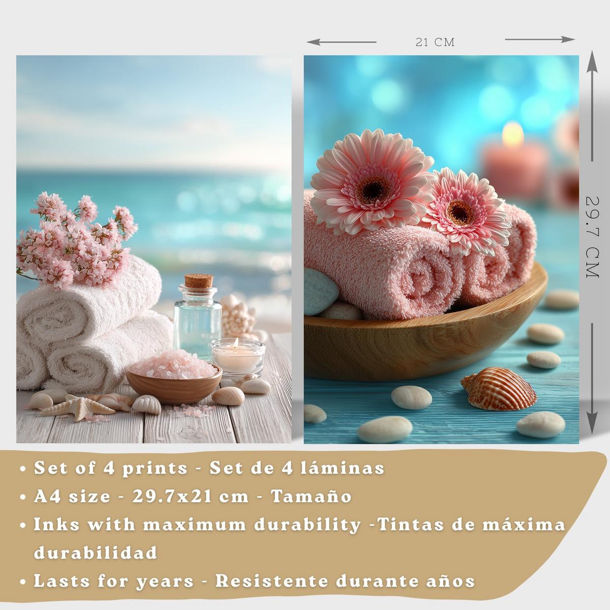 POSTER 4er-Set Badezimmer-Wandposter, Strand-Spa-Poster für Waschbecken, WC mit Muscheln, Kerzen, Handtüchern und Meersalz Leichter Holzrahmen A4 - Beige, Papier (29.7/21/3cm) - Nacnic