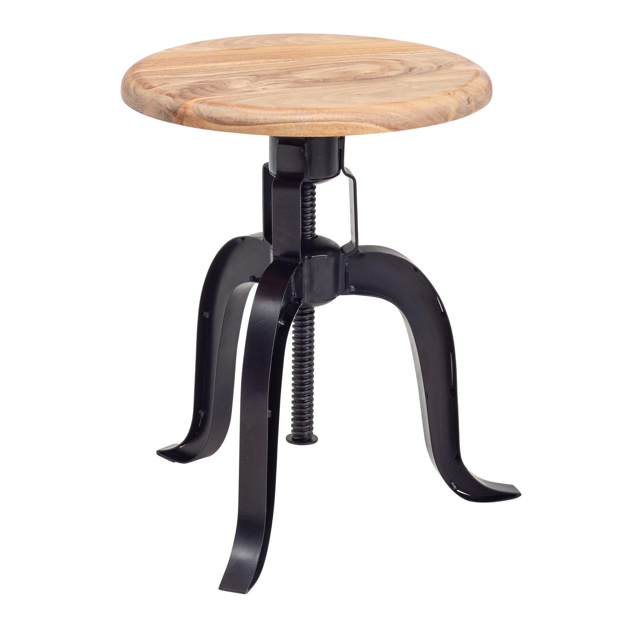 DREHHOCKER – Akazie Massivholz/Eisen, höhenverstellbar, Industrial-Stil - Schwarz/Braun, Holz/Metall (39/48/39cm) - KADIMA DESIGN
