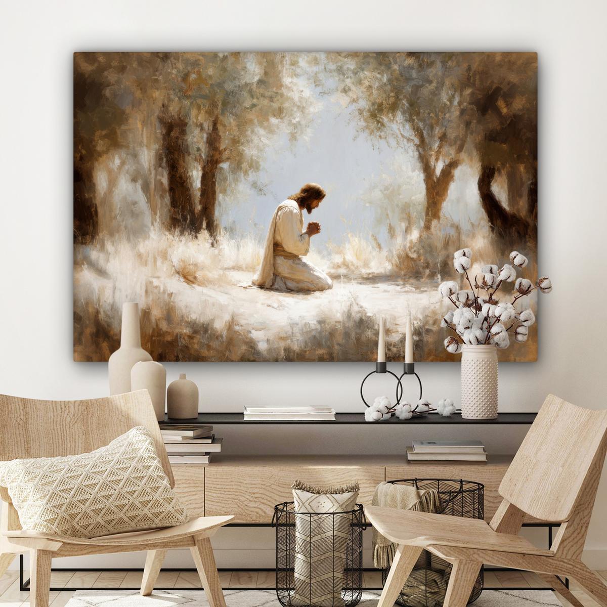LEINWANDBILD Jesus - Kniend - Waldlandschaft - Betend Groß 140x90 cm - Beige/Hellblau, Textil (140/90cm) - MuchoWow