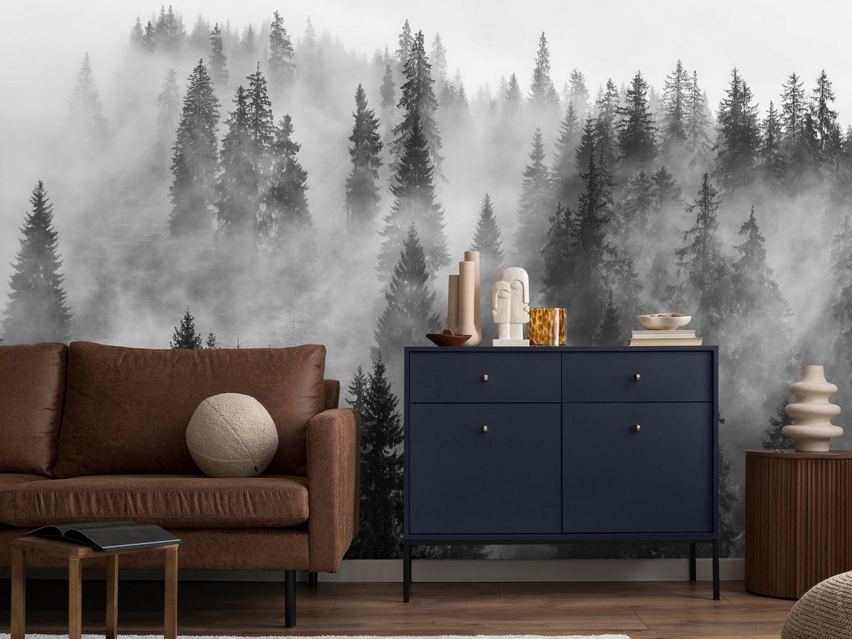 FOTOTAPETE Schwarz-weißer Wald im Nebel Natur 150x105 - Schwarz/Grau, Papier (150/105cm) - Muralo