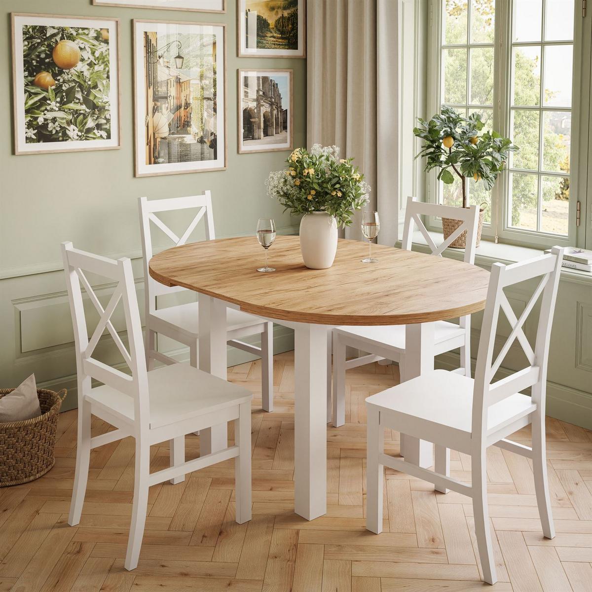ESSZIMMERSET OLEA Tisch + 4 Stühle - Eichefarben/Weiß, Holzwerkstoff (140/77/100cm) - Lookway