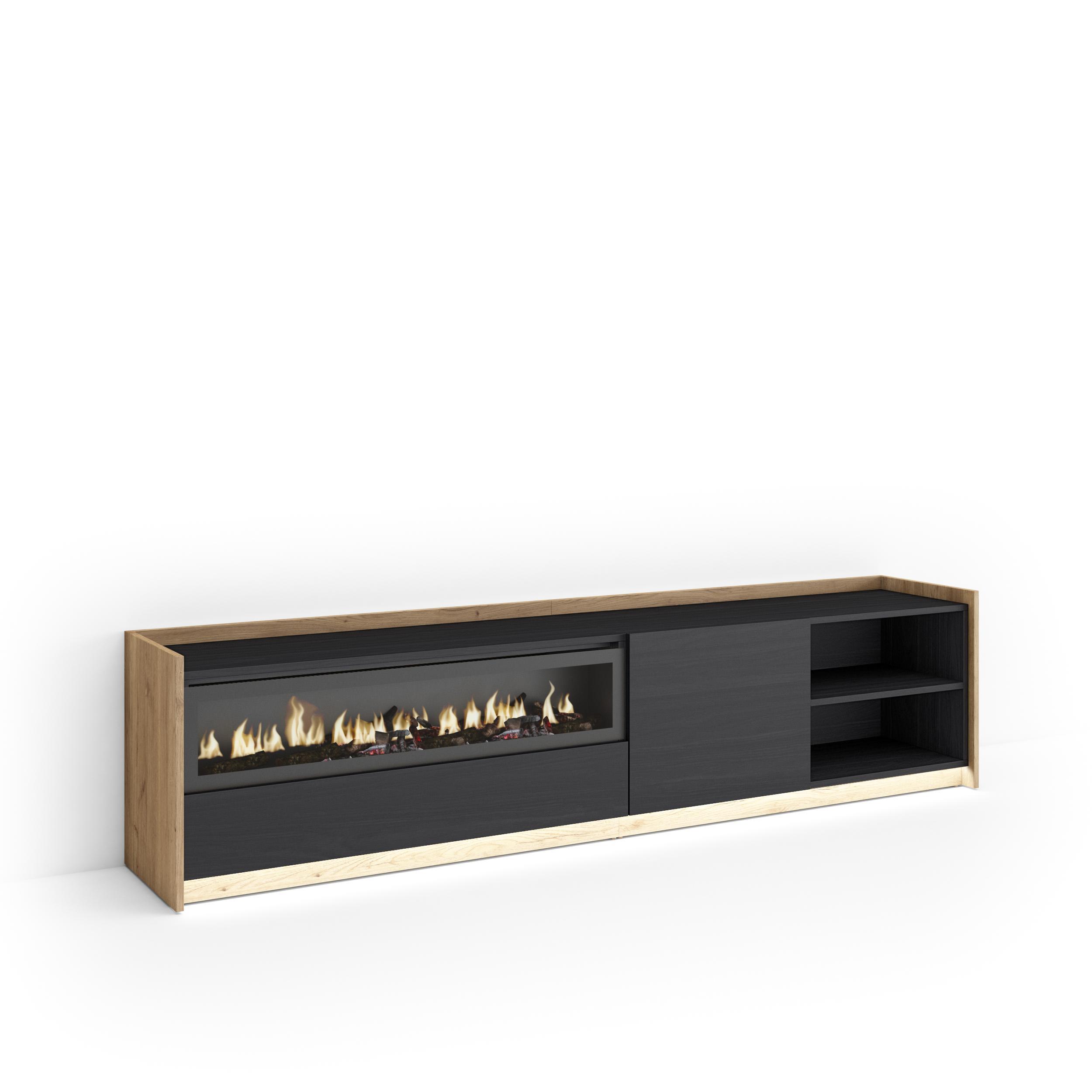 LOWBOARD, Schwarz und Eiche, 207/37/50cm, Kamin mit Feuereffekt - Schwarz, Holzwerkstoff (207/50/37cm) - Skraut Home