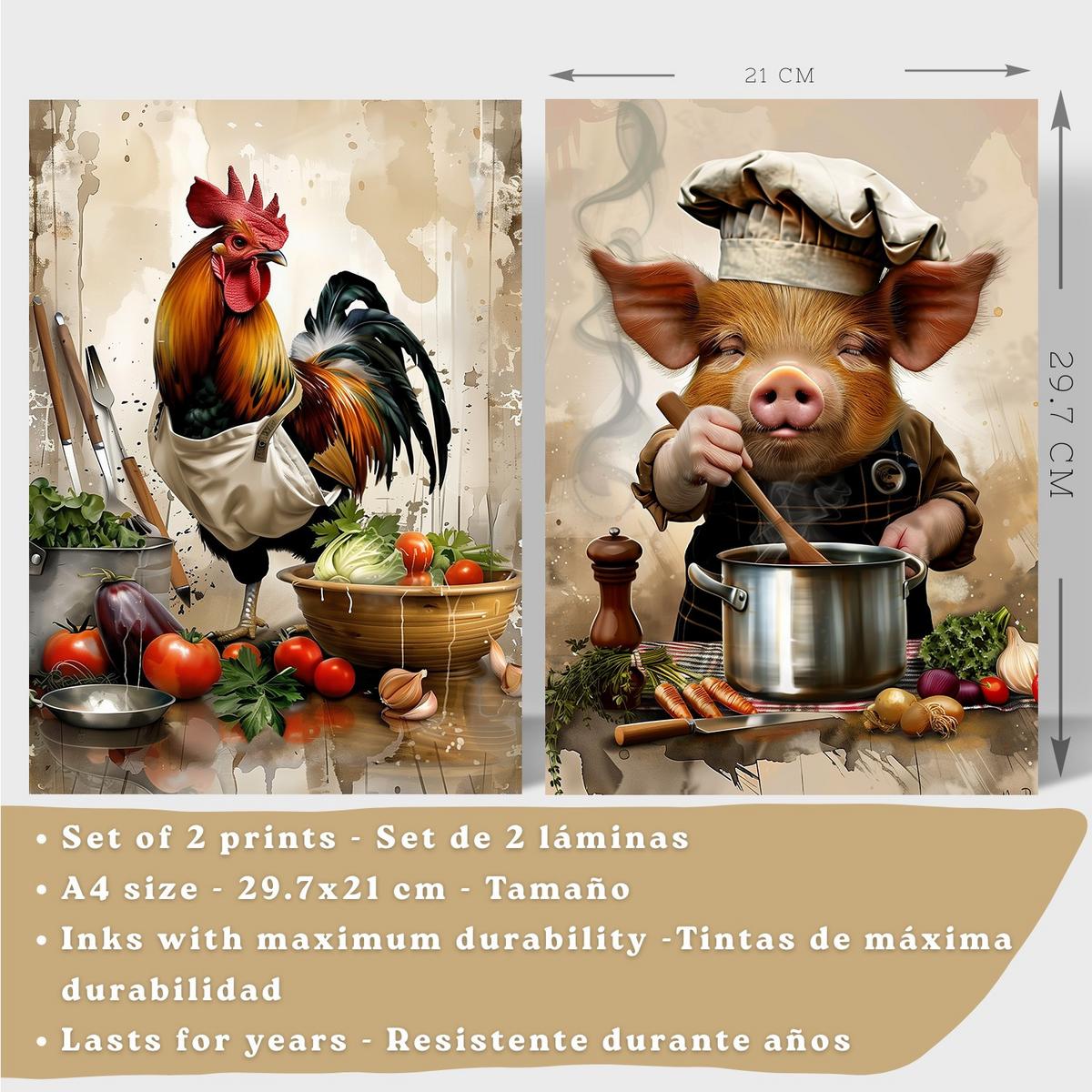POSTER 2er Set Küchen-Wandbilder Hahn und Schwein Koch Aquarell Illustration Esszimmer Wanddeko Rahmenlos A4 - Schwarz, Papier (29.7/1/21cm) - Nacnic