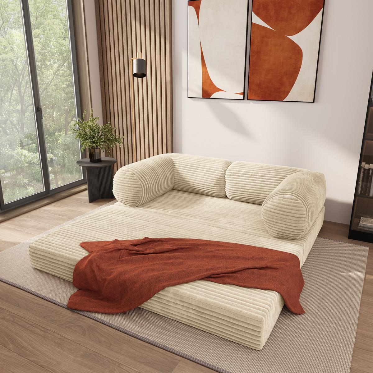 BETTSOFA ALVIO aus Schaumstoff Kordstoff Creme Schlaffunktion - Creme, Textil (170/68/80cm) - MASSENO
