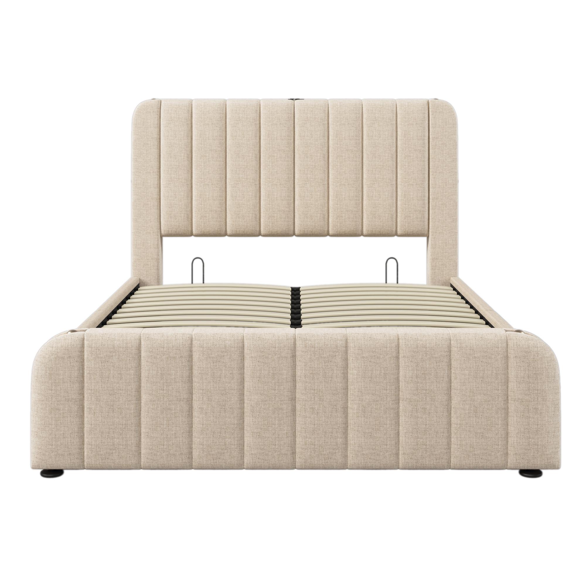 POLSTERBETT 140x190 Leinen Beige mit Gold-Dekor, Stauraum und Ladefunktion - Beige, Textil (140/190cm) - Urban Meuble