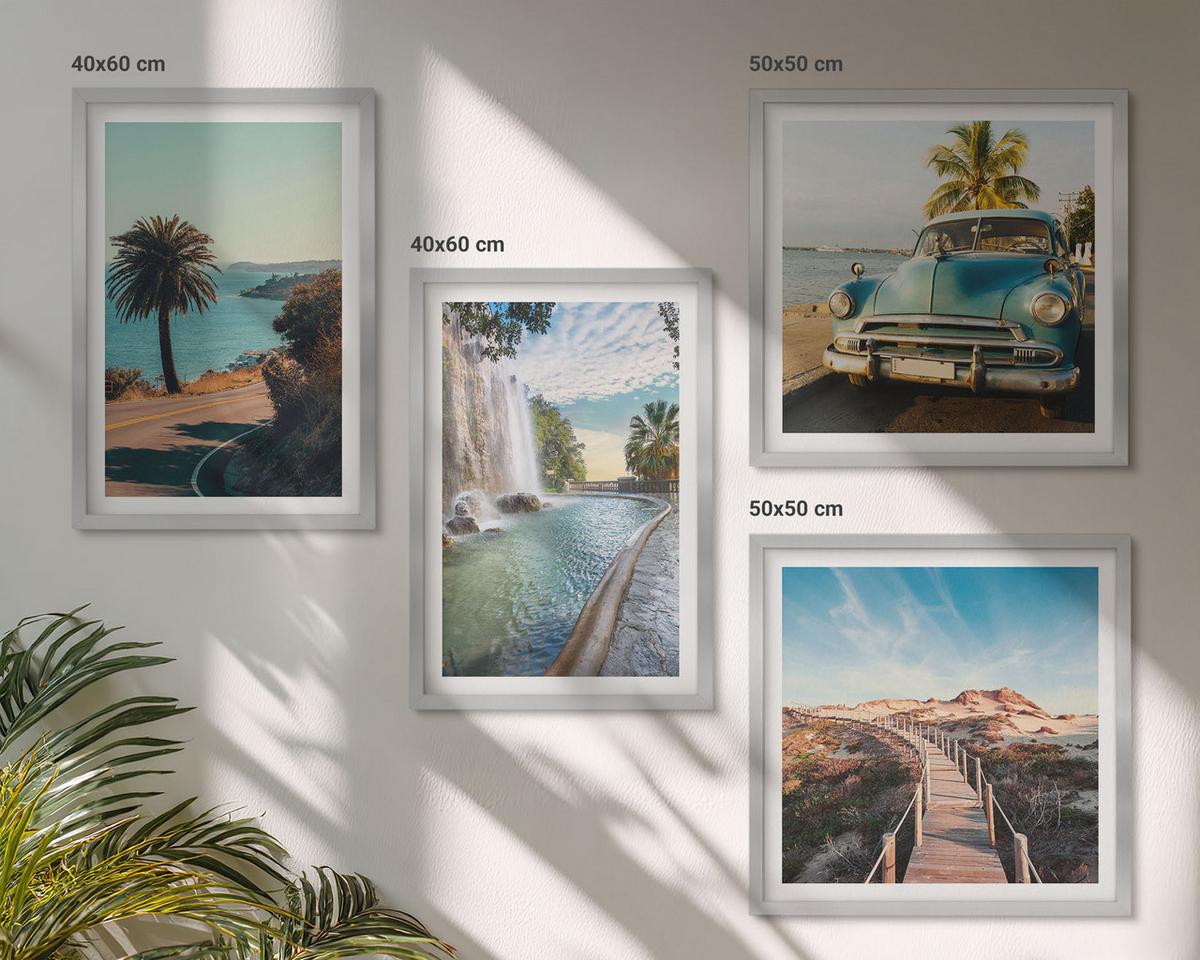 BILDER SET 4er Set - 50x50 cm & 40x60 cm Silberner Rahmen - Urlaub Palmen Wasserfall - Silberfarben, Kunststoff (50/50cm) - TULUP