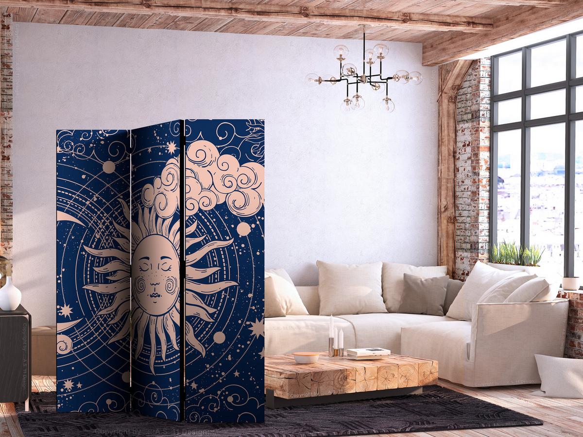 PARAVENT Akustik 3-tlg 135x172 cm Sonne Wolken Mond Boho - Blau, Holz/Textil (135/172/3cm) - Muralo