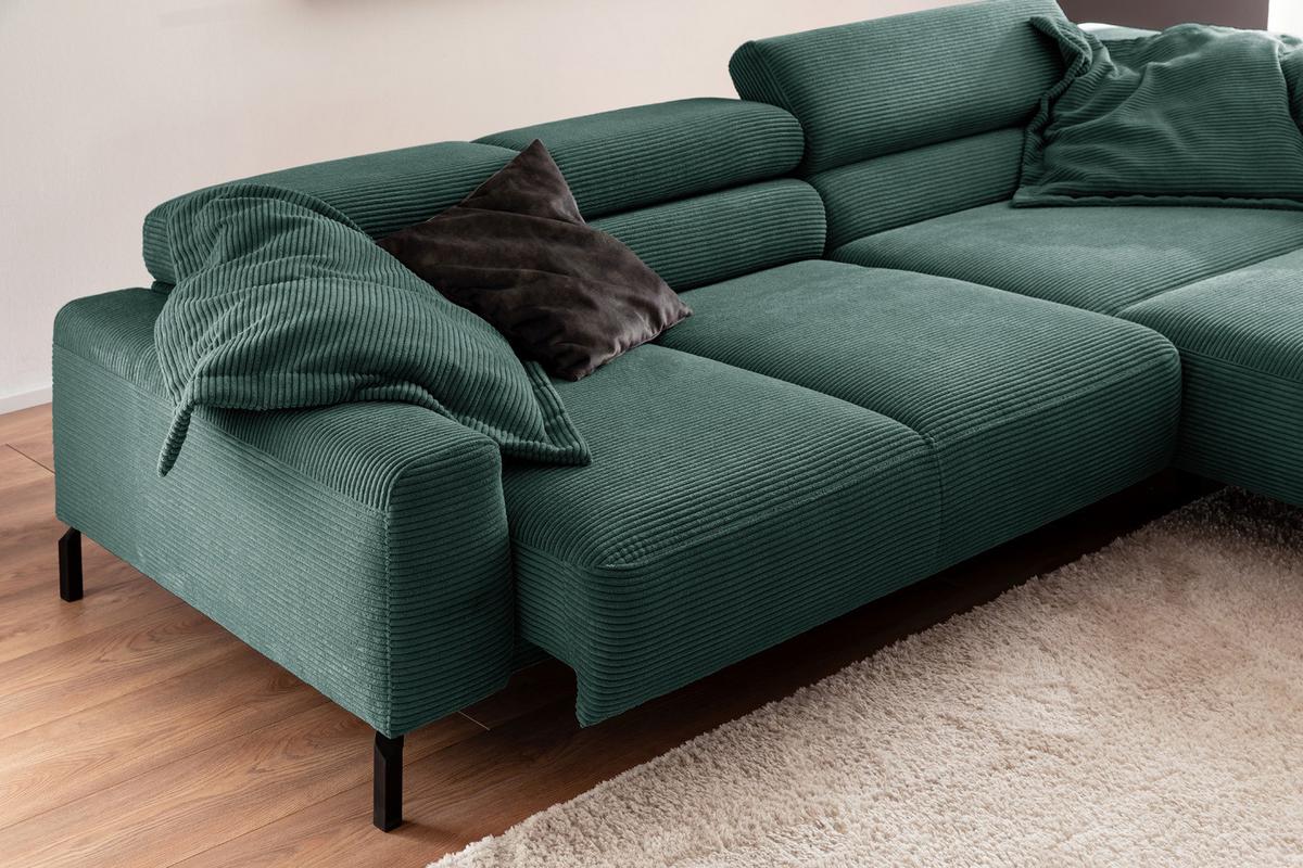 ECKSOFA MIT MOTORISCHEM SITZVORZUG DELIA Smaragdgrün Cord Relaxfunktion - Smaragdgrün/Schwarz, Textil/Metall (312/219cm) - KAWOLA